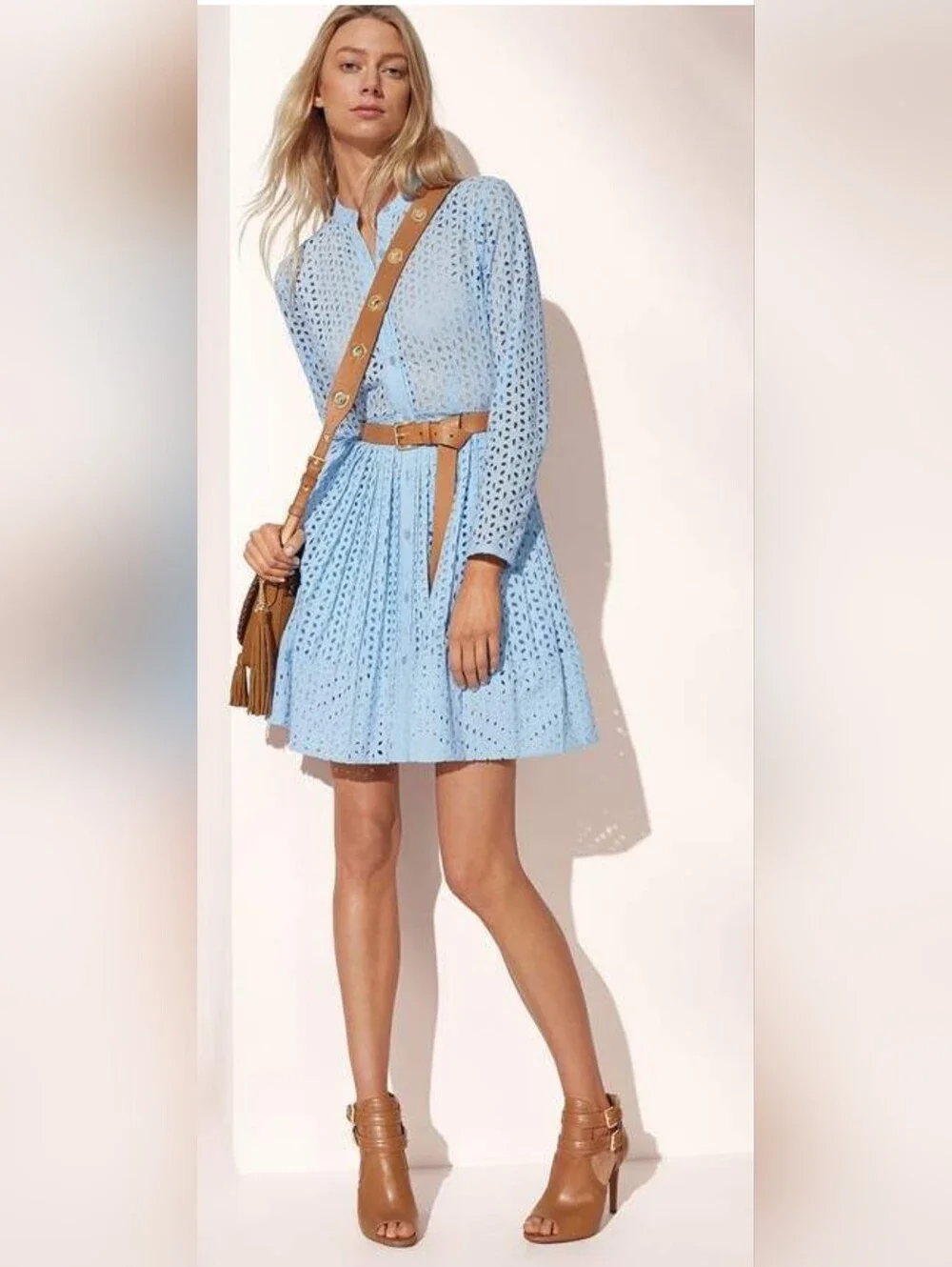 Michael Kors Light Blue Eyelet Long Sleeve Button Dress